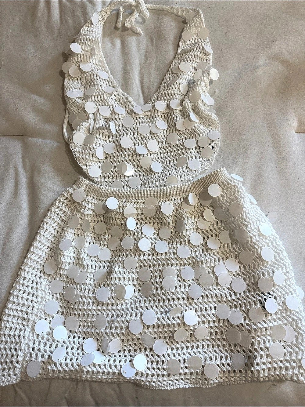 White Sequin knit top with matching skirt